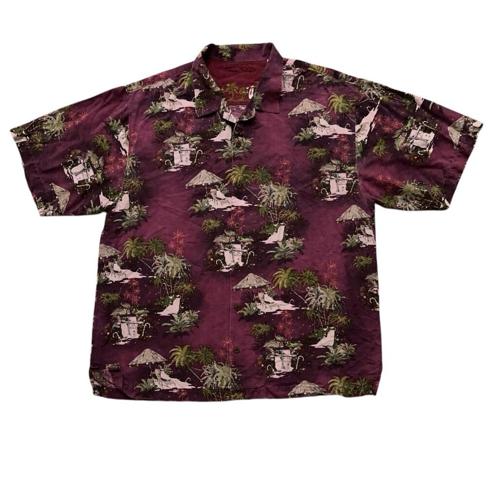 Tommy Bahama Shirt Mens XL Short Sleeve Hawaiian Christmas Penguin Brugundy